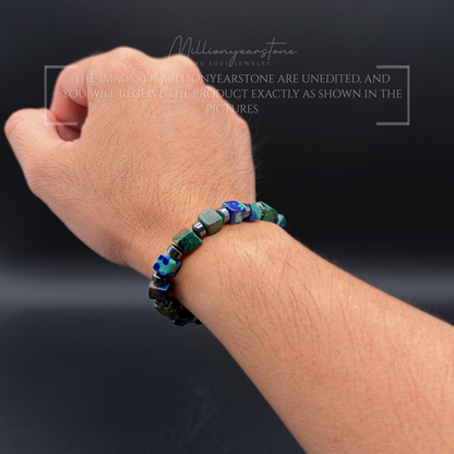 Azurite Bracelet 7x7mm Square Beads | Hematite Spacers
