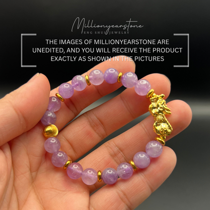 Pixiu Bracelet, 8mm Lavender Quartz , 24k Gold Filled Charm