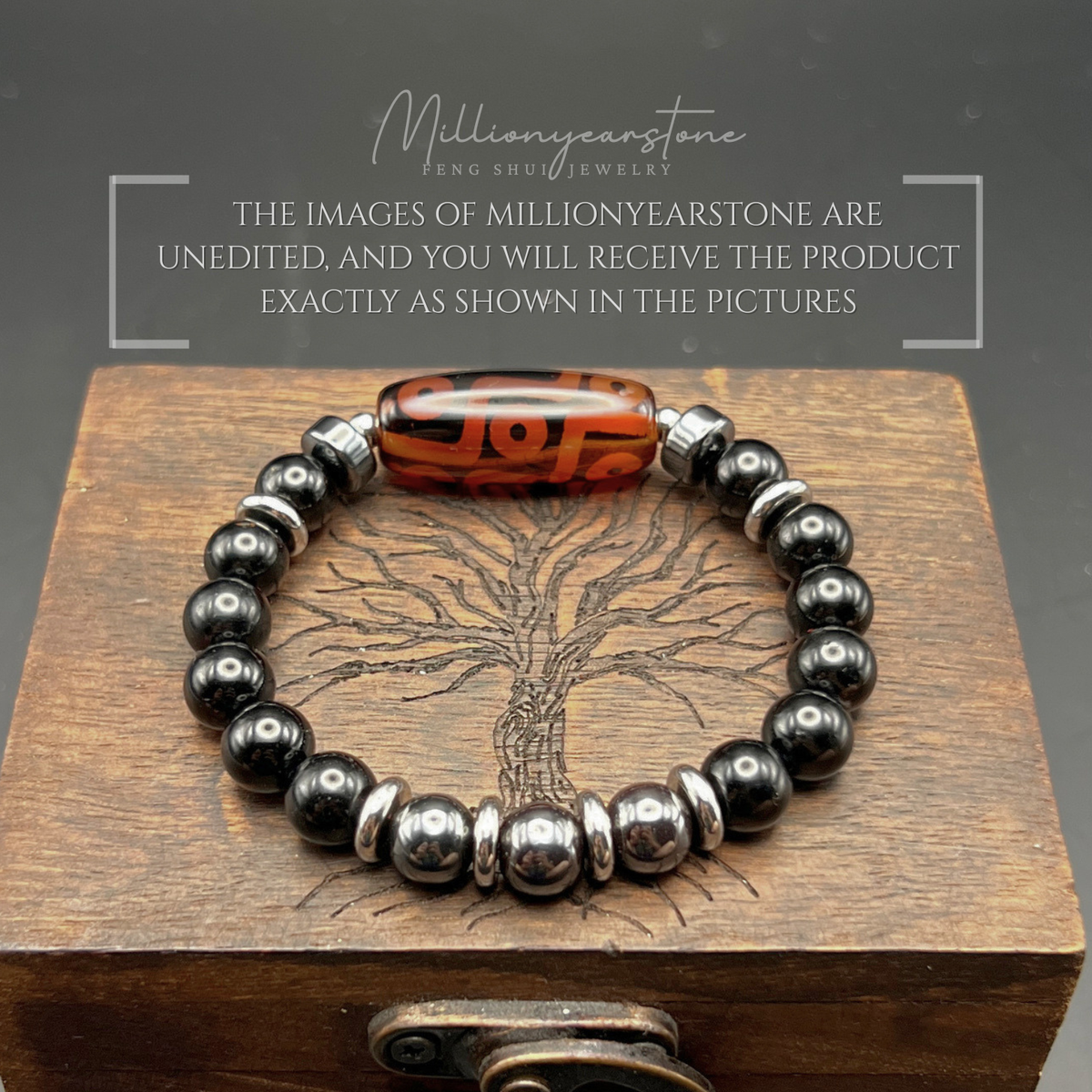 Feng Shui Tibetan bracelet - Fortune Guardian Nine-Eye Dzi charm, Black Obsidian 8mm