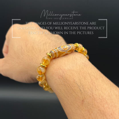 Tibetan Feng Shui bracelet - Citrine with Three Eye Dzi charm - 8mm