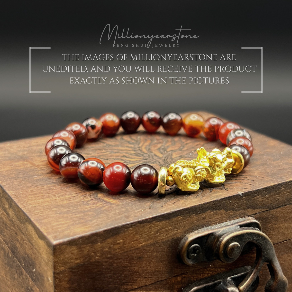 Pixiu bracelet - Red Agate 8mm & 24K Gold Filled charm