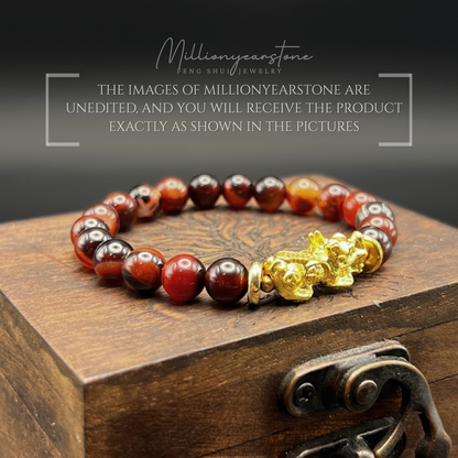 Pixiu bracelet - Red Agate 8mm & 24K Gold Filled charm