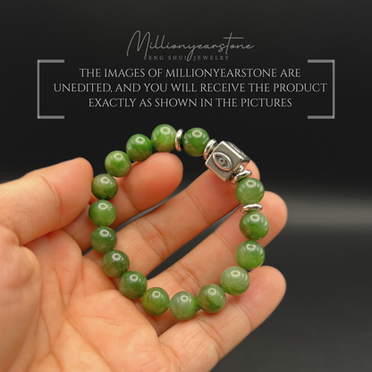 Evil Eye Charm braclet, Nephrite Jade Bracelet 9.5mm - Stainless steel charm