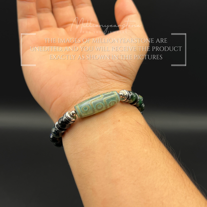 Feng Shui Tibetan bracelet - Nine-Eye Dzi charm, Black Obsidian 8mm