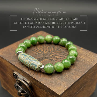 Tibetan Feng Shui bracelet - Nephrite Jade 9.5mm with Nine Eye Dzi charm