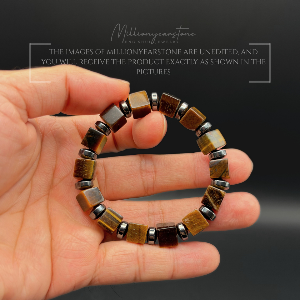 Tiger Eye Square Bead Bracelet 9x9mm | Hematite Spacers