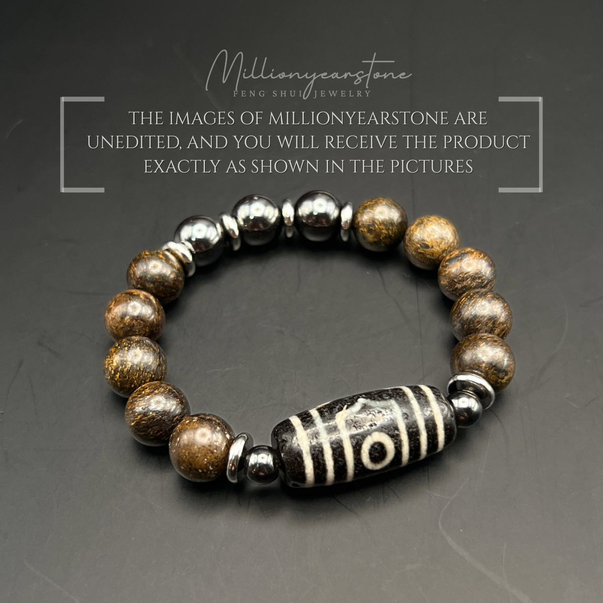 Tibetan Feng Shui bracelet - Petrified Wood 10mm with Three Eye Dzi charm