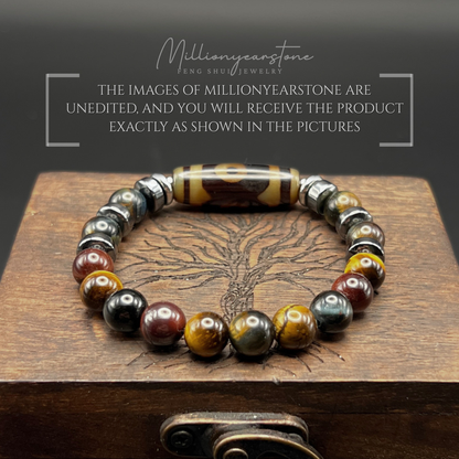 Tibetan Feng Shui bracelet - Multi Tiger's eye 8mm - Three Eye Dzi charm