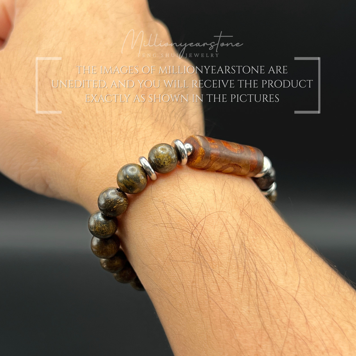 Tibetan Feng Shui bracelet - Petrified Wood with Three Eye Dzi charm - 8mm