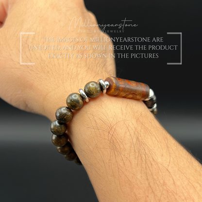 Tibetan Feng Shui bracelet - Petrified Wood with Three Eye Dzi charm - 8mm
