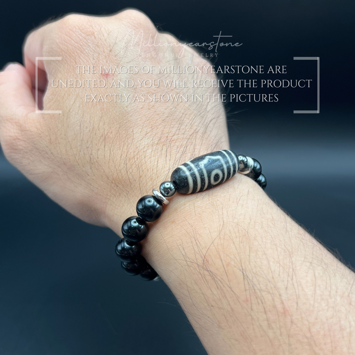 Tibetan Feng Shui bracelet - Black Obsidian 10mm with Three Eye Dzi charm