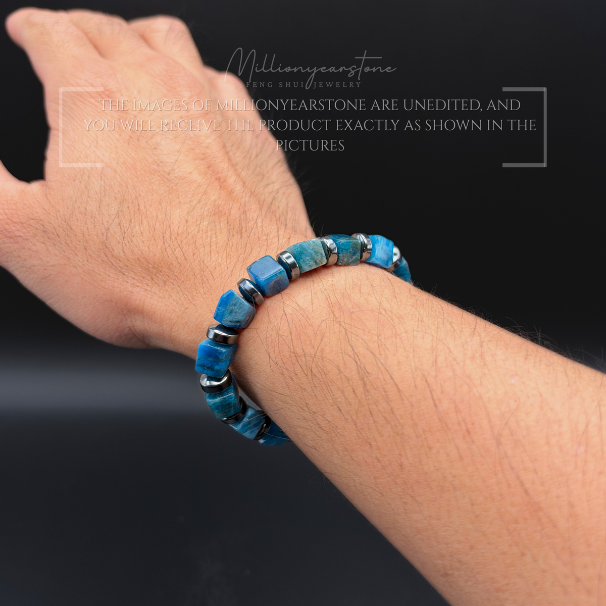 Blue Apatite Bracelet 9mm Square Beads | Hematite Spacers