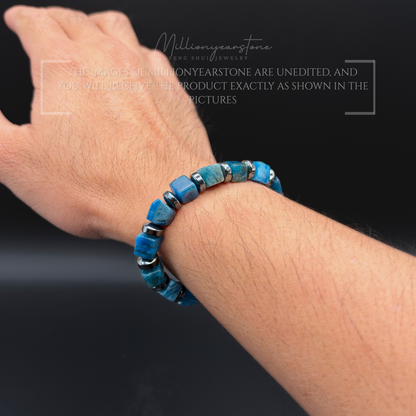 Blue Apatite Bracelet 9mm Square Beads | Hematite Spacers