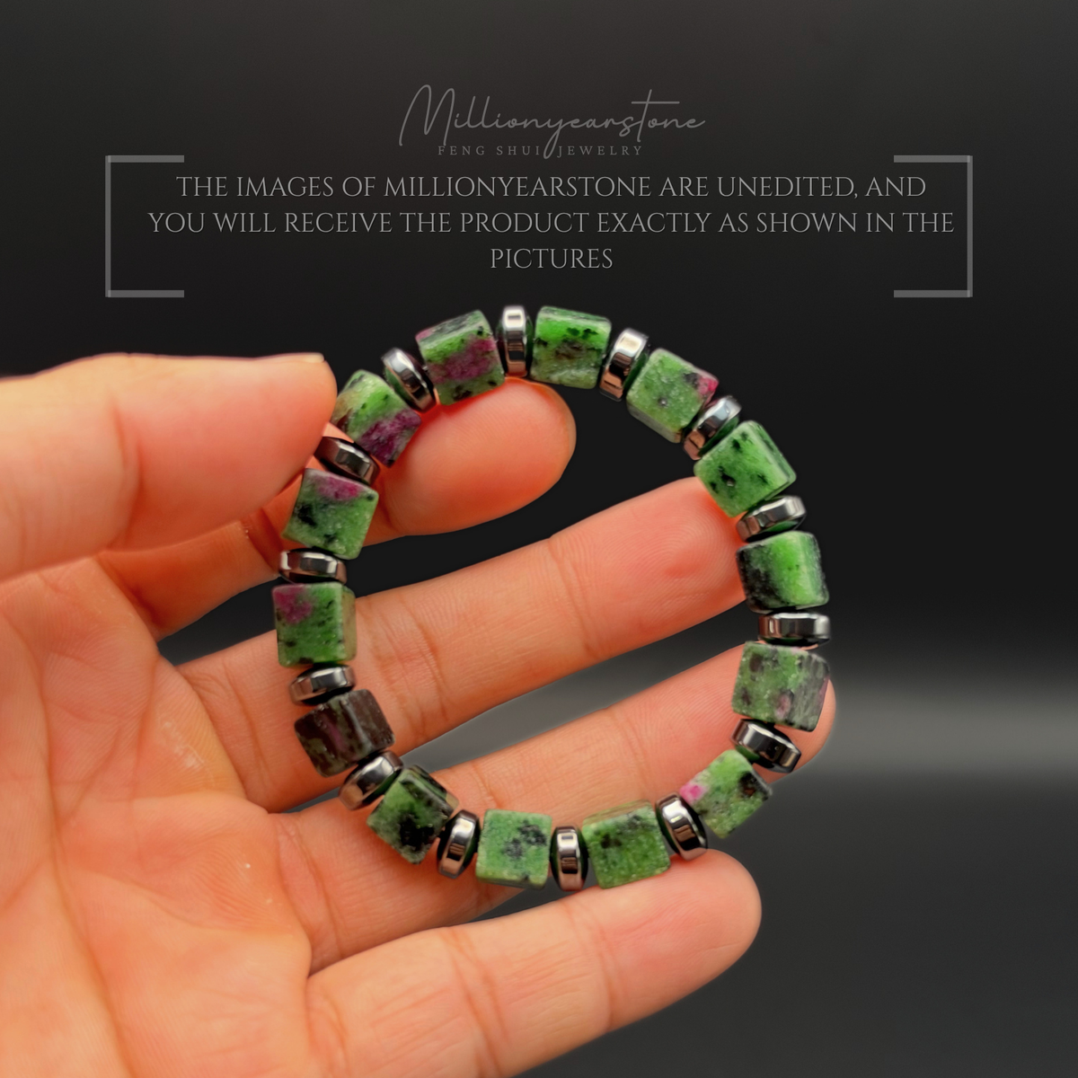 Ruby Zoisite Bracelet, 8x8mm Square Beads, Hematite Spacers