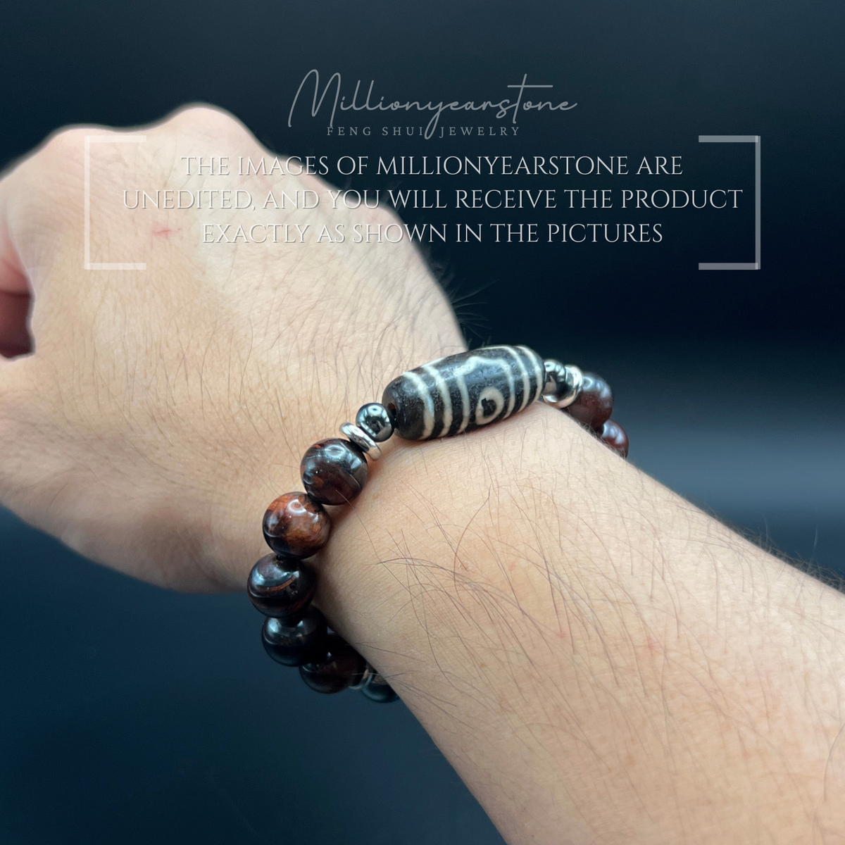 Tibetan Feng shui bracelet - Red Tiger's eye 10mm with Three Eye Dzi charm