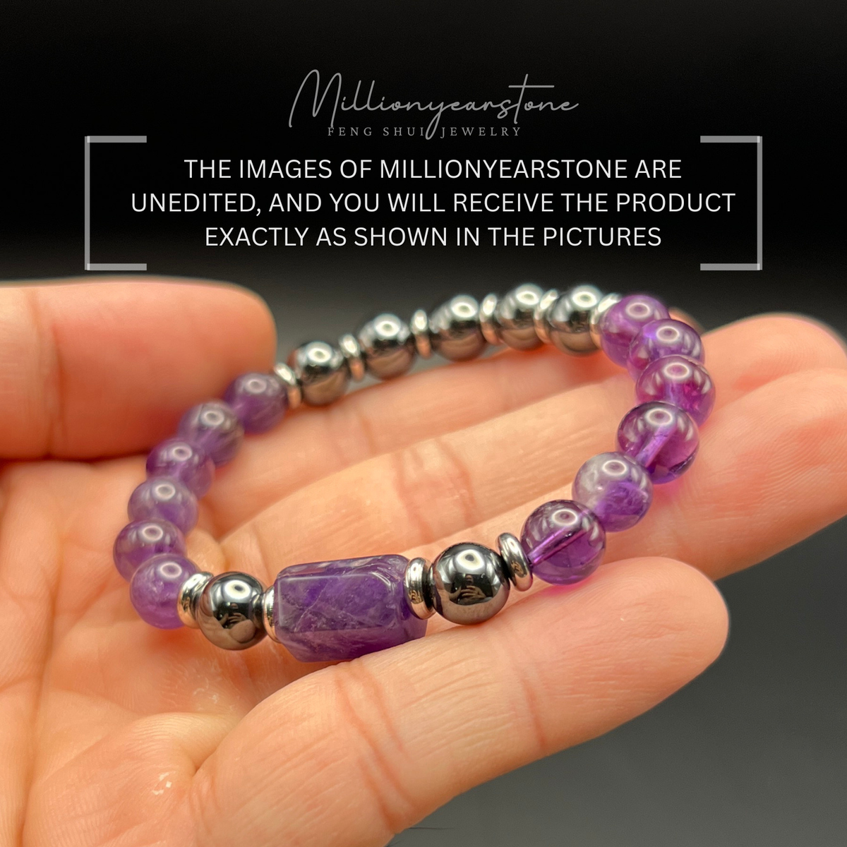 Amethyst & Hematite bracelet - 8mm gemstone beaded .