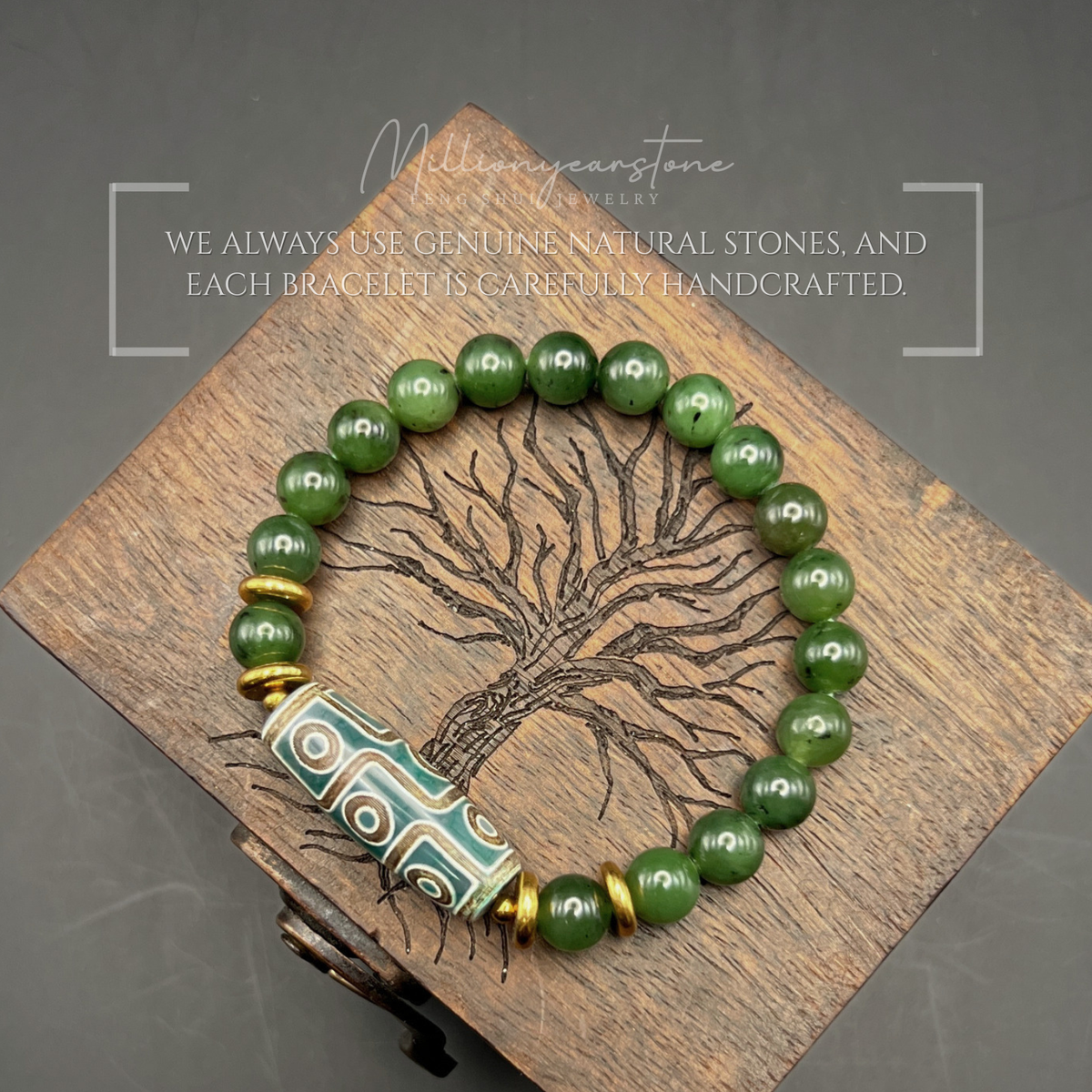 Tibetan Feng Shui bracelet - Nephrite Jade 7.5mm with Nine Eye Dzi charm