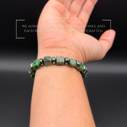 Ruby Zoisite Bracelet, 8x8mm Square Beads, Hematite Spacers