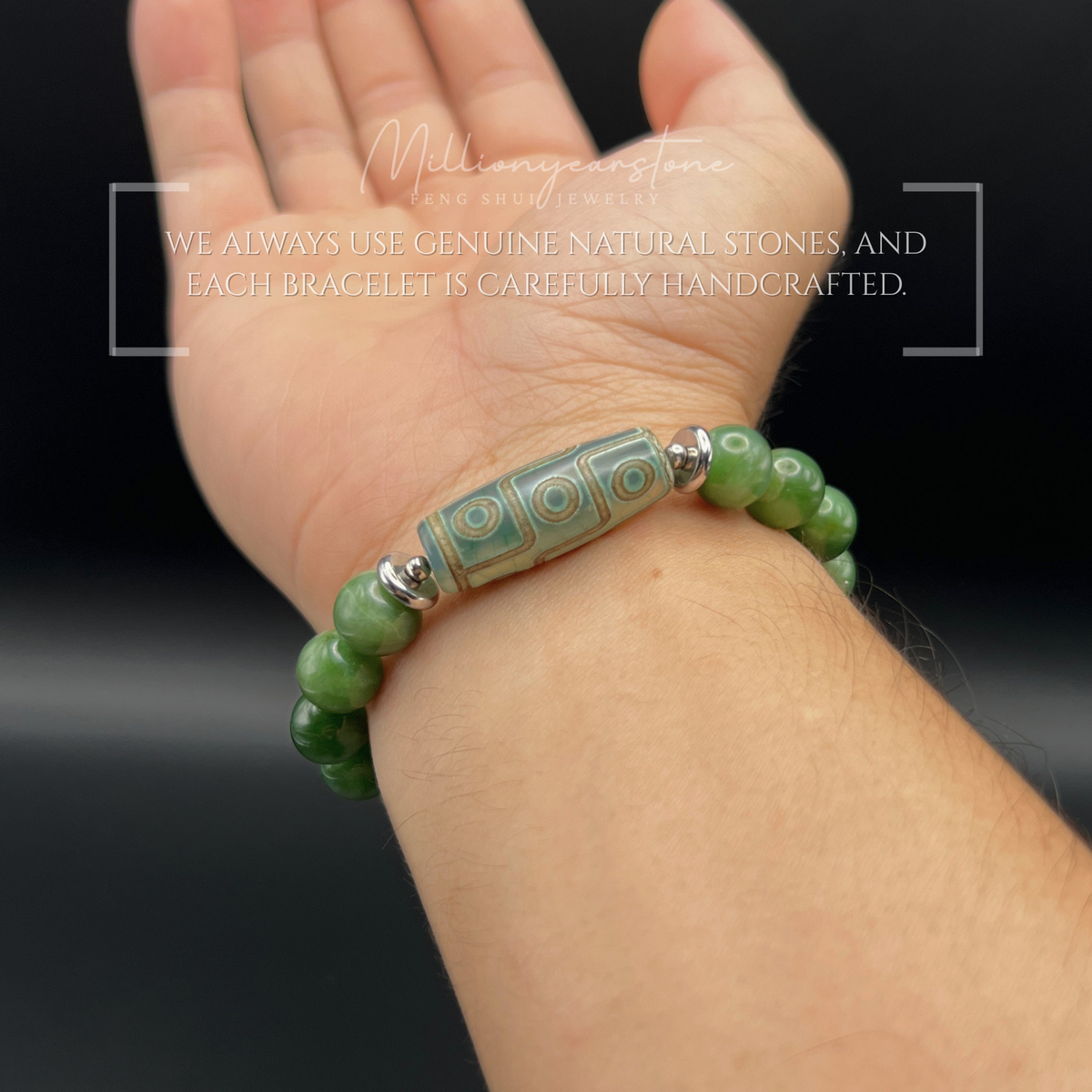 Tibetan Feng Shui bracelet - Nephrite Jade 9.5mm with Nine Eye Dzi charm