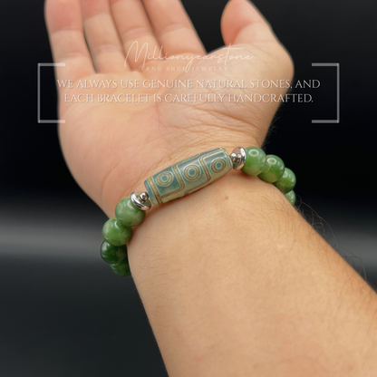Tibetan Feng Shui bracelet - Nephrite Jade 9.5mm with Nine Eye Dzi charm