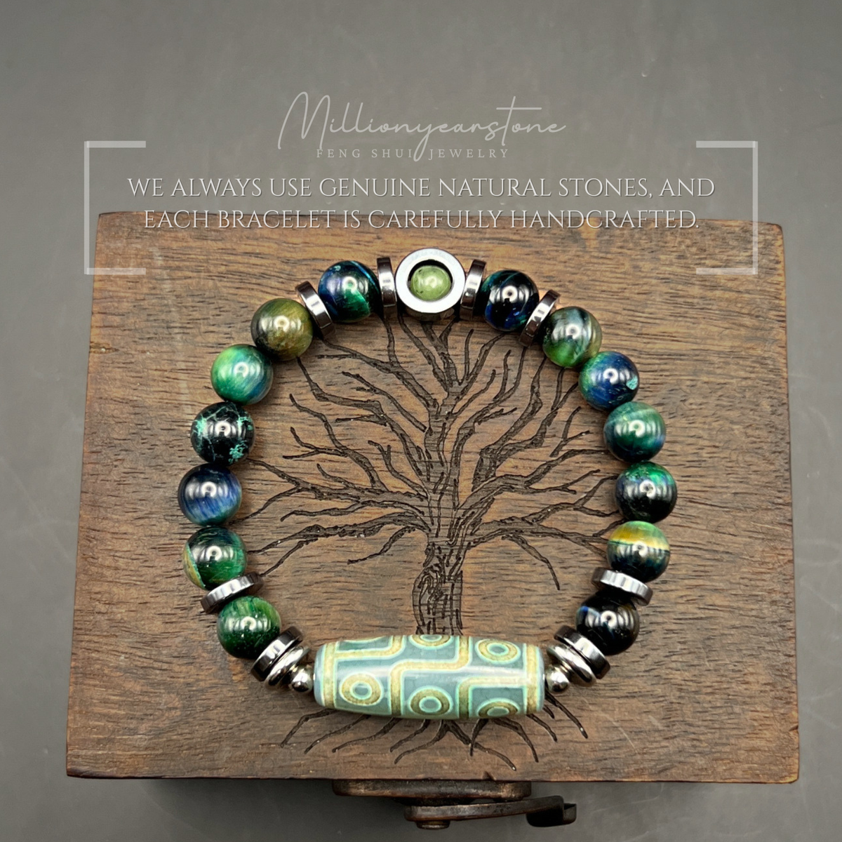 Tibetan Feng Shui bracele - Blue Green Tiger eye 8mm - Nine Eye Dzi charm