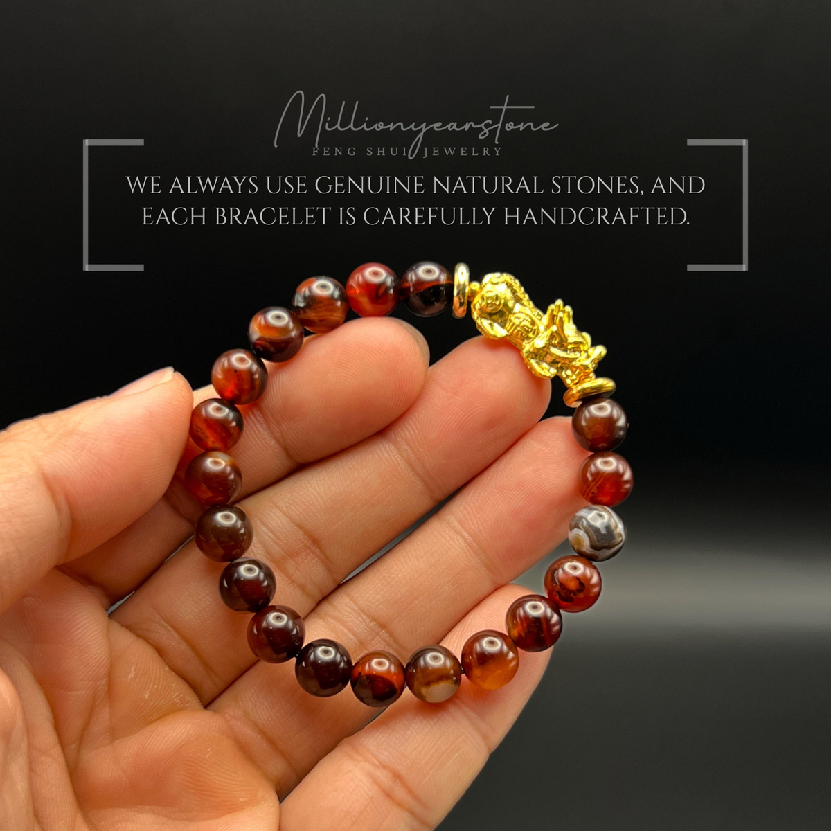 Pixiu bracelet - Red Agate 8mm & 24K Gold Filled charm