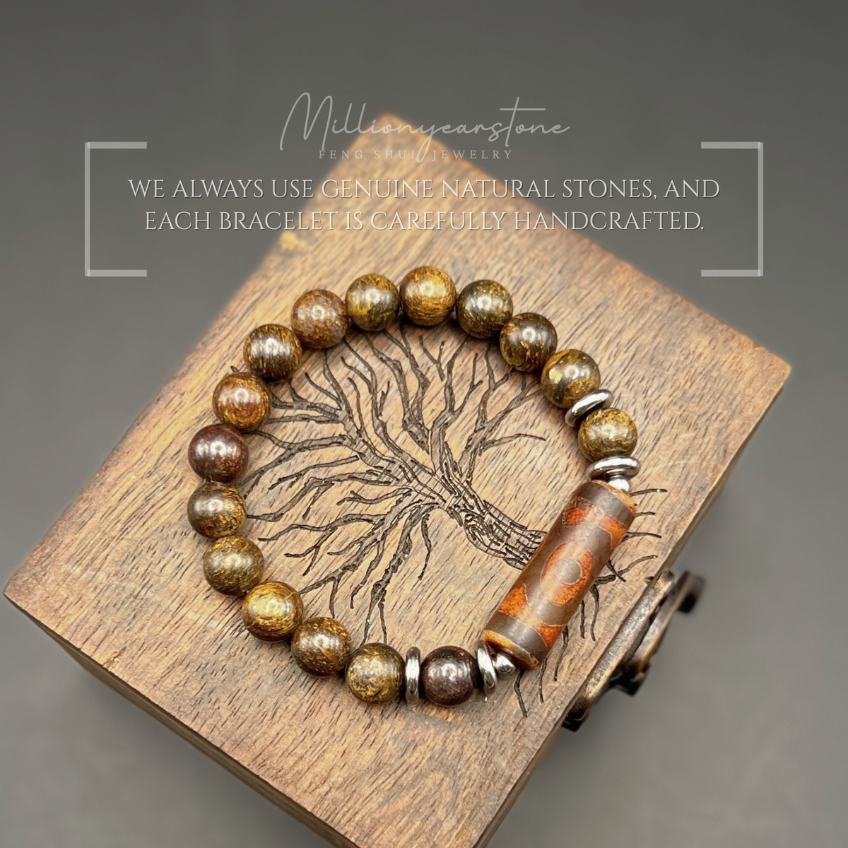 Tibetan Feng Shui bracelet - Petrified Wood with Three Eye Dzi charm - 8mm