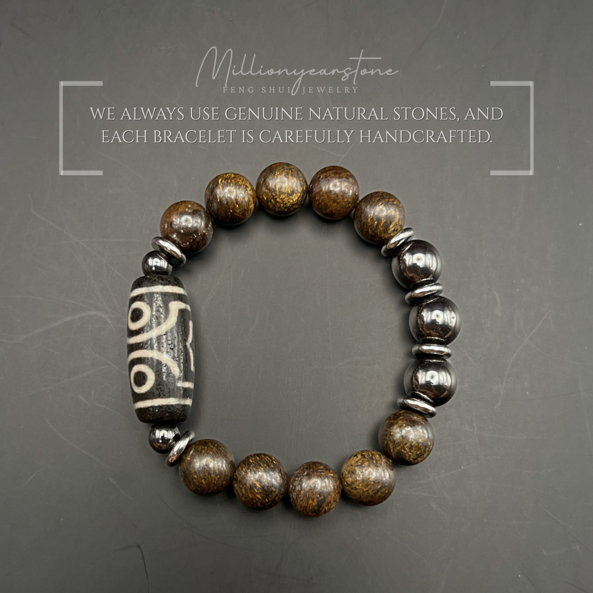 Tibetan Feng Shui bracelet - Petrified Wood 10mm with Three Eye Dzi charm