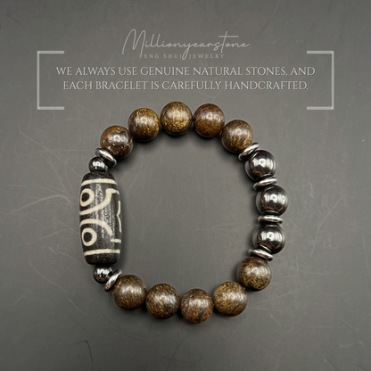 Tibetan Feng Shui bracelet - Petrified Wood 10mm with Three Eye Dzi charm
