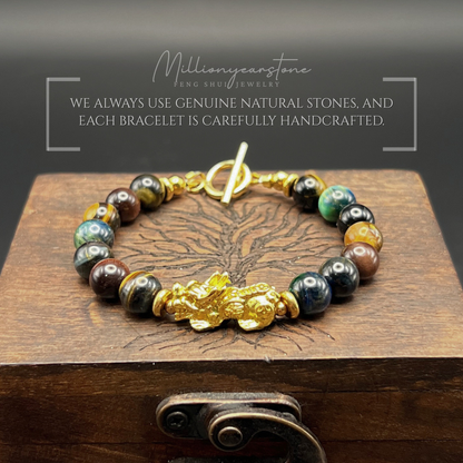 Pixiu bracelet – Multi-Color Tiger Eye 8mm & 24K Gold Filled Charm