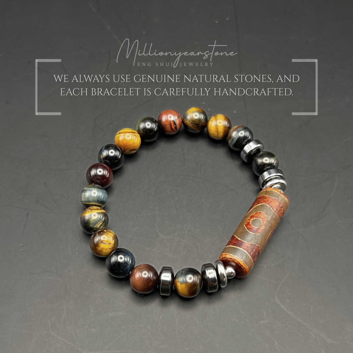 Tibetan Feng shui bracelet - Three-Eye Dzi charm , Multi Tiger Eye & Hematite 8mm