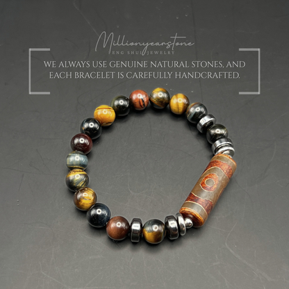Tibetan Feng shui bracelet - Three-Eye Dzi charm , Multi Tiger Eye & Hematite 8mm