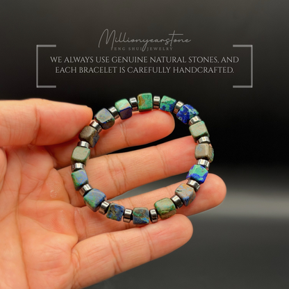 Azurite Bracelet 7x7mm Square Beads | Hematite Spacers