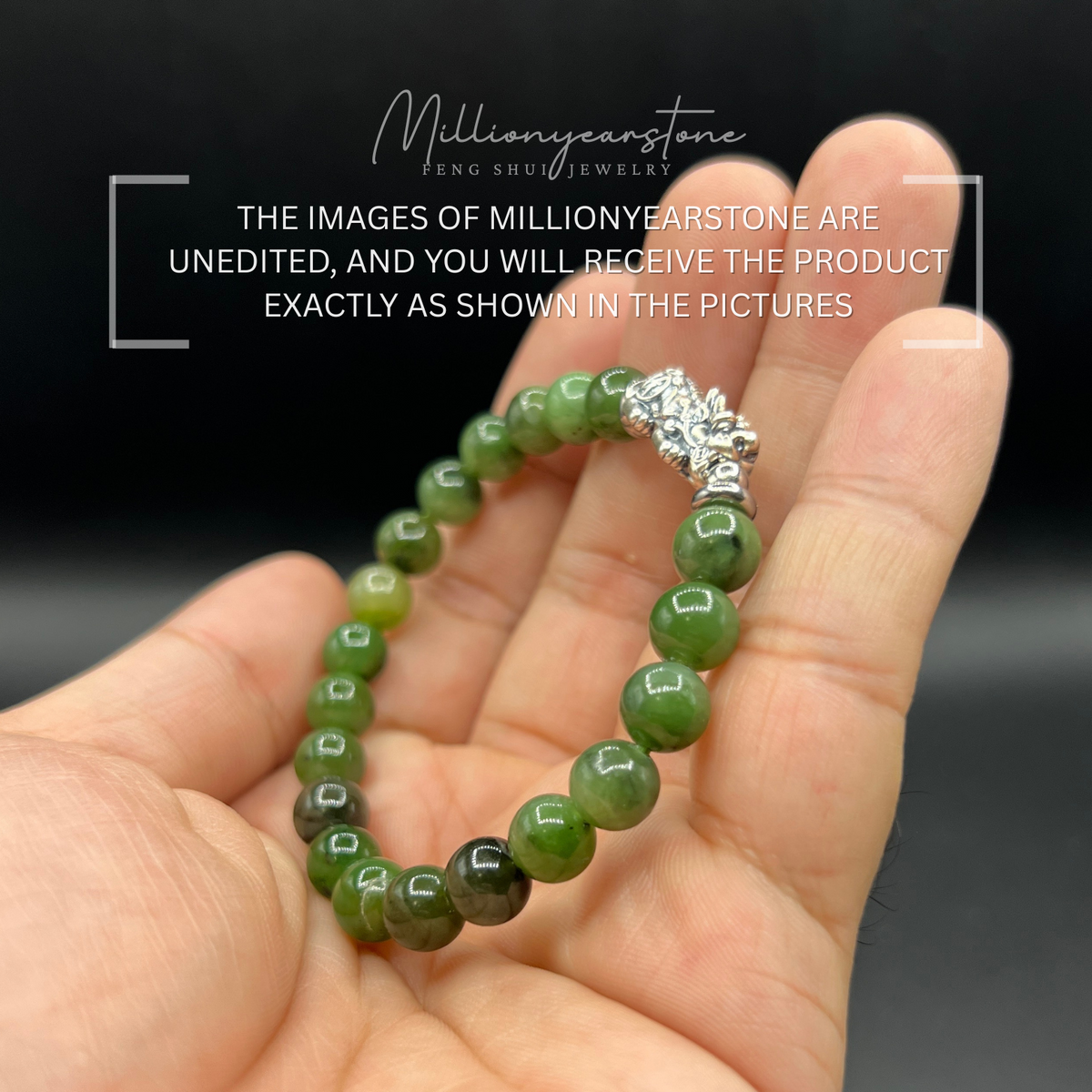 Silver Pixiu bracelet - Nephrite Green Jade & S925 Silver charm - 7.5mm