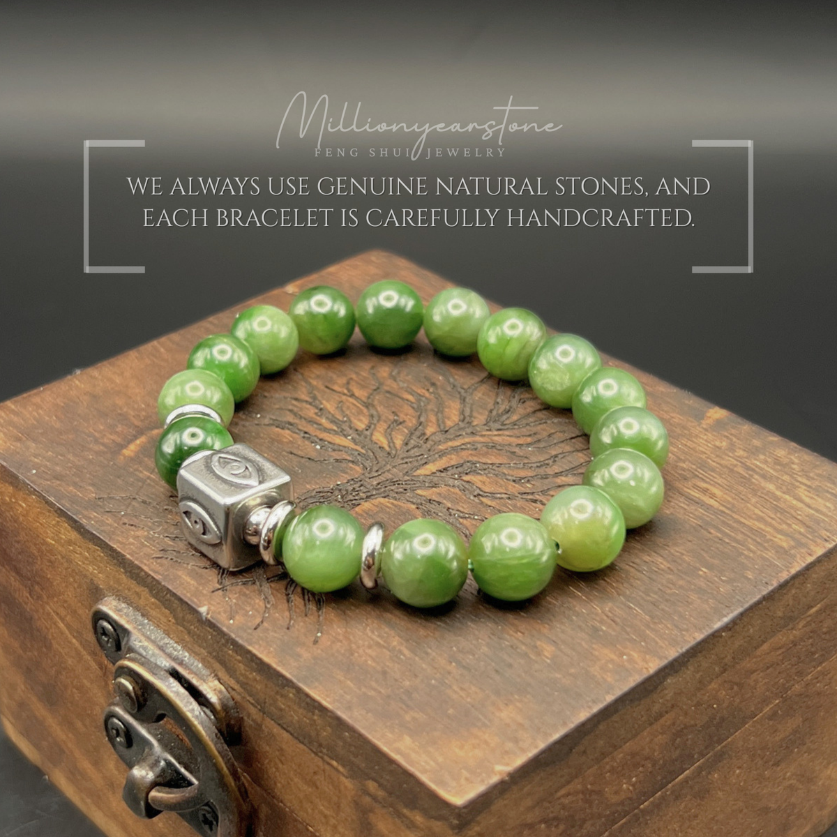 Evil Eye Charm braclet, Nephrite Jade Bracelet 9.5mm - Stainless steel charm