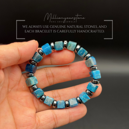 Blue Apatite Bracelet 9mm Square Beads | Hematite Spacers