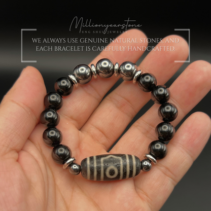 Tibetan Feng Shui bracelet - Black Obsidian 10mm with Three Eye Dzi charm