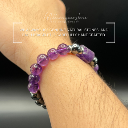 Amethyst & Hematite bracelet - 8mm gemstone beaded .