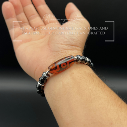 Feng Shui Tibetan bracelet - Fortune Guardian Nine-Eye Dzi charm, Black Obsidian 8mm