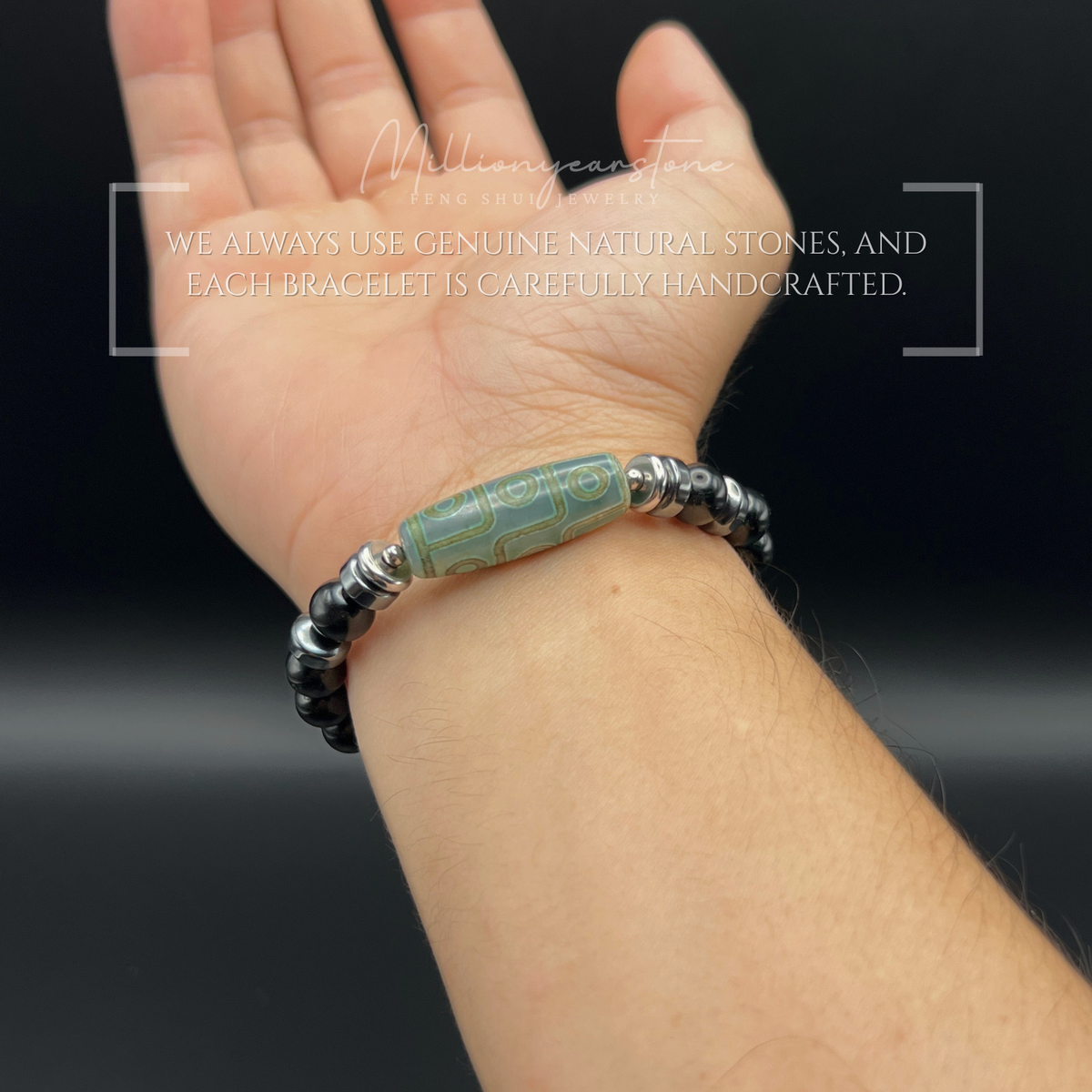 Feng Shui Tibetan bracelet - Nine-Eye Dzi charm, Black Obsidian 8mm