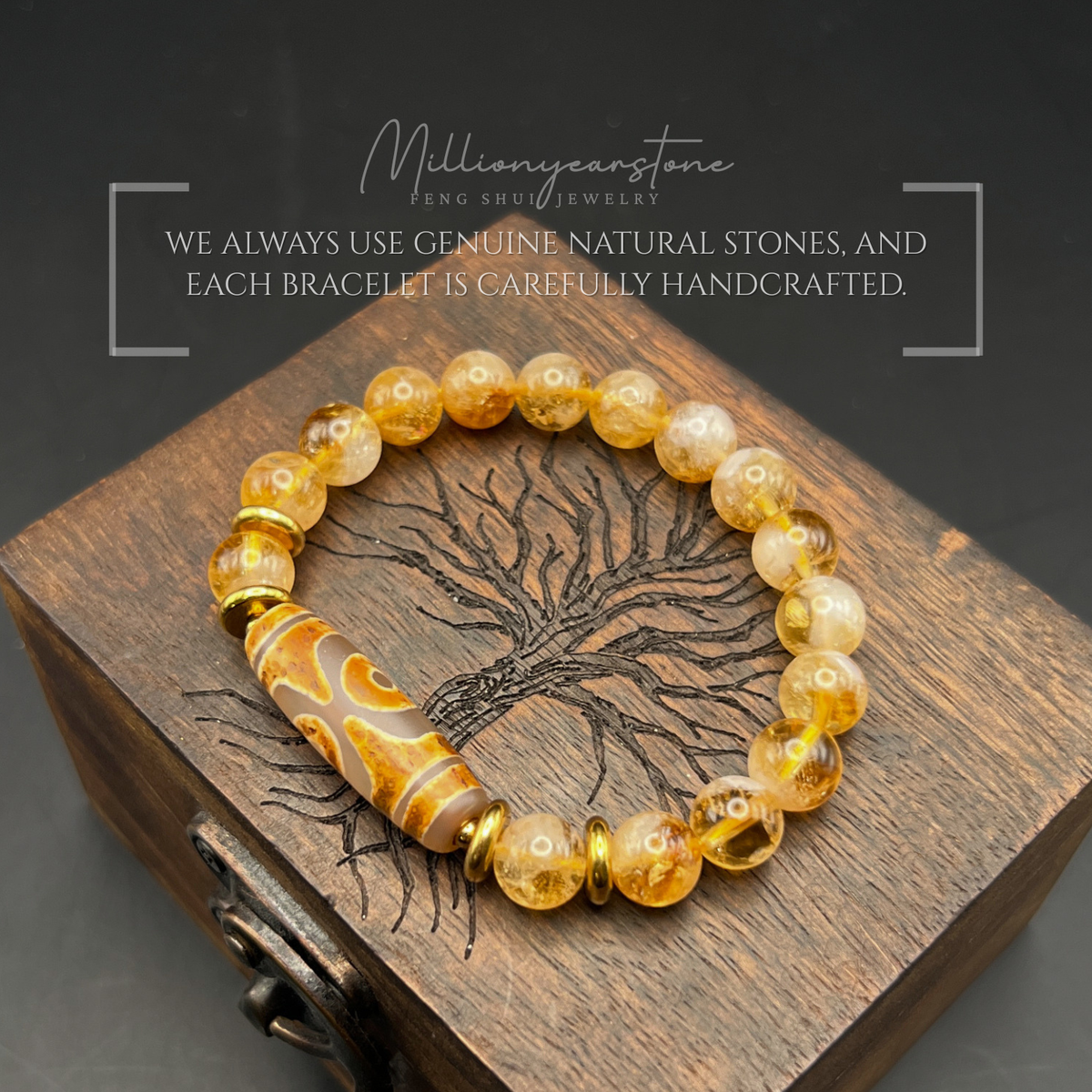 Tibetan Feng Shui bracelet - Citrine with Three Eye Dzi charm - 8mm