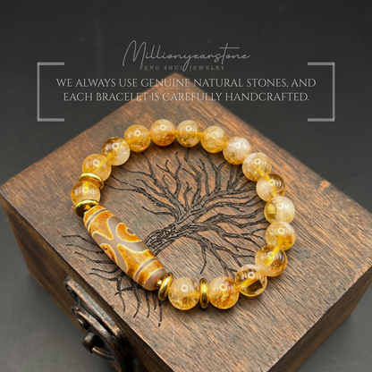Tibetan Feng Shui bracelet - Citrine with Three Eye Dzi charm - 8mm