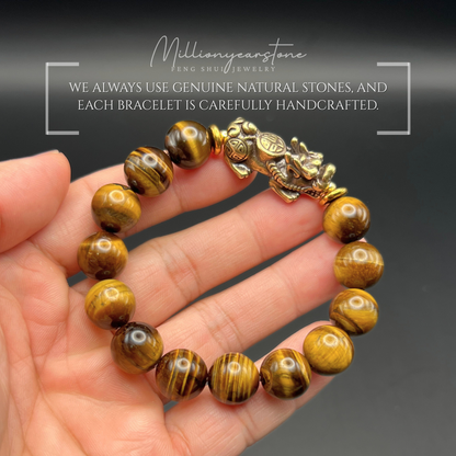 Pixiu bracelet - Tiger' Eye 12mm x Yellow Copper charm