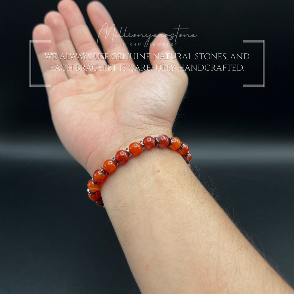 Natural Carnelian Hematite Beaded Bracelet, 8mm Feng Shui Gemstone Jewelry