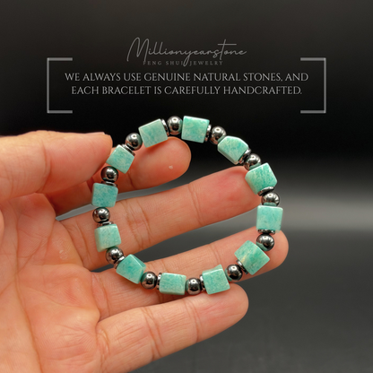 Amazonite Bracelet 7mm Square Beads | Hematite Spacers