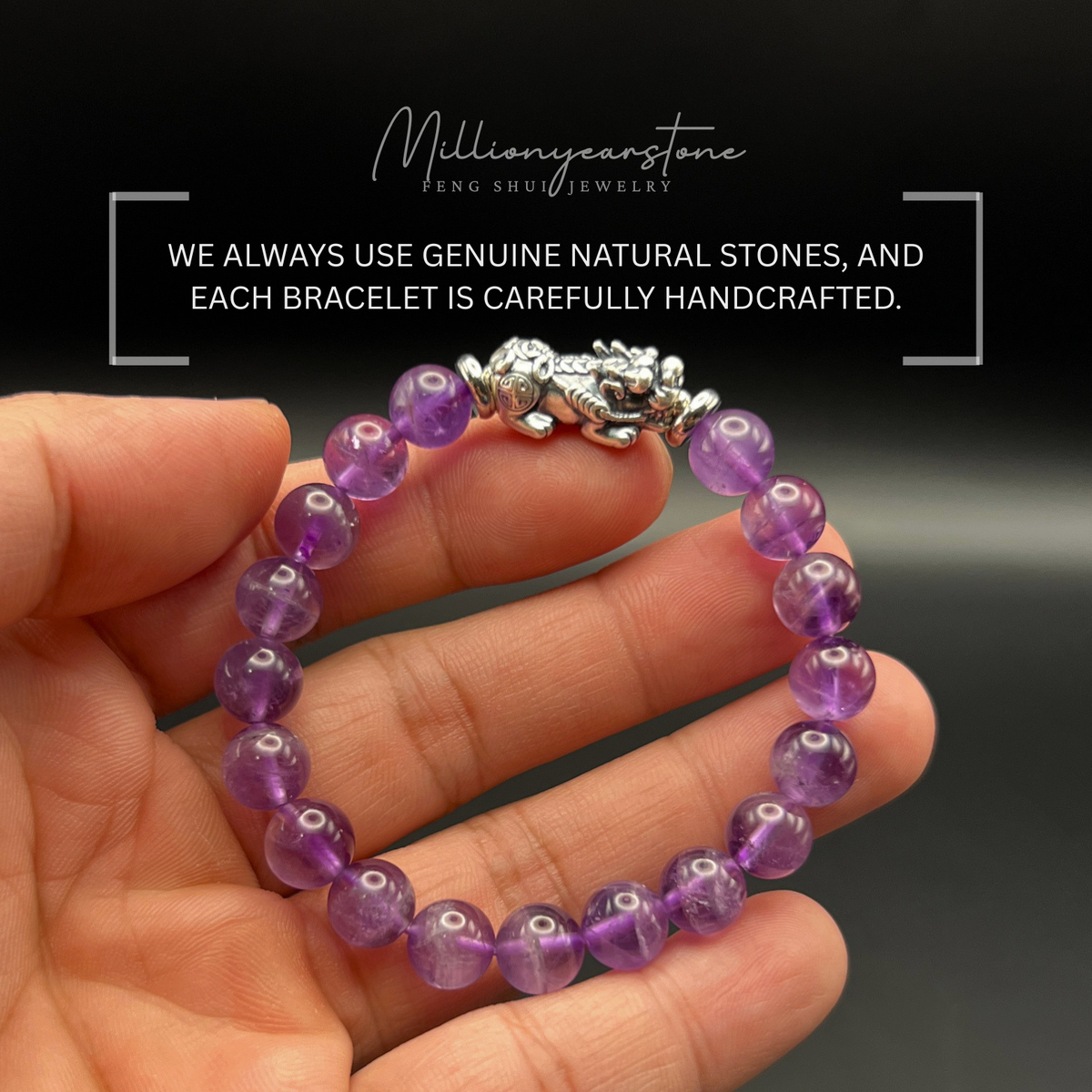 Light Amethyst Pixiu Bracelet, 8mm Natural Gemstone, S999 Silver Charm, Feng Shui Jewelry