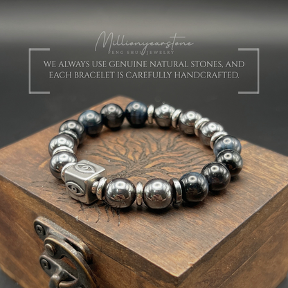 Evil Eye charm bracelet -  Hematite , Gray Tiger's eye 10mm