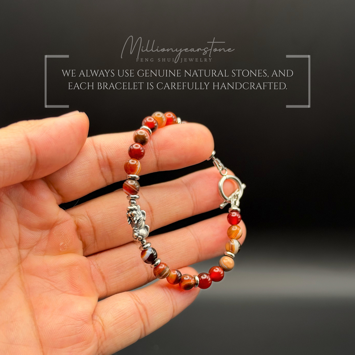 Pixiu Bracelet – 6mm Red Agate Beads, S925 Sterling Silver Pixiu