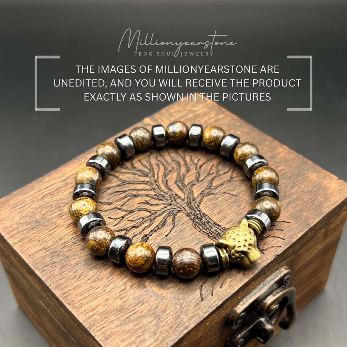Petrified Wood Bracelet with Copper Leopard Charm | 8mm