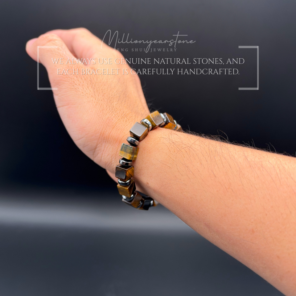 Tiger Eye Square Bead Bracelet 9x9mm | Hematite Spacers